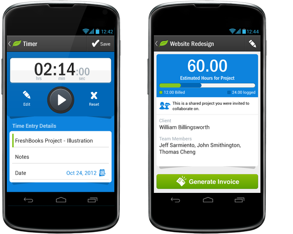 Track time on the go from your Android device and assign it to projects with FreshBooks for Android