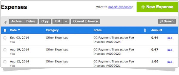 Transaction Fee Expenses Imported into FreshBooks
