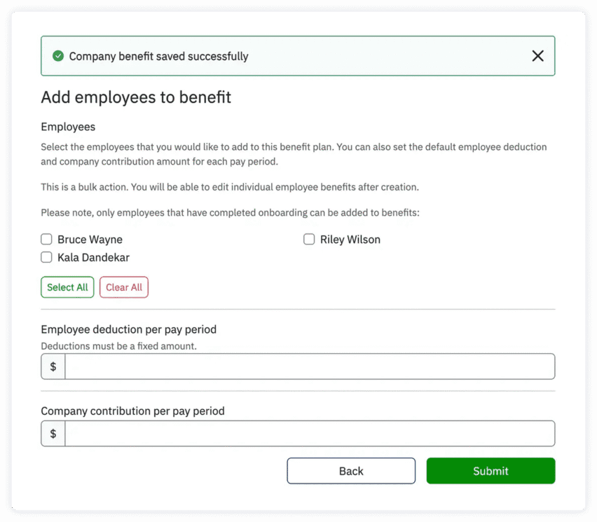 FreshBooks Payroll benefits tracking UI screen