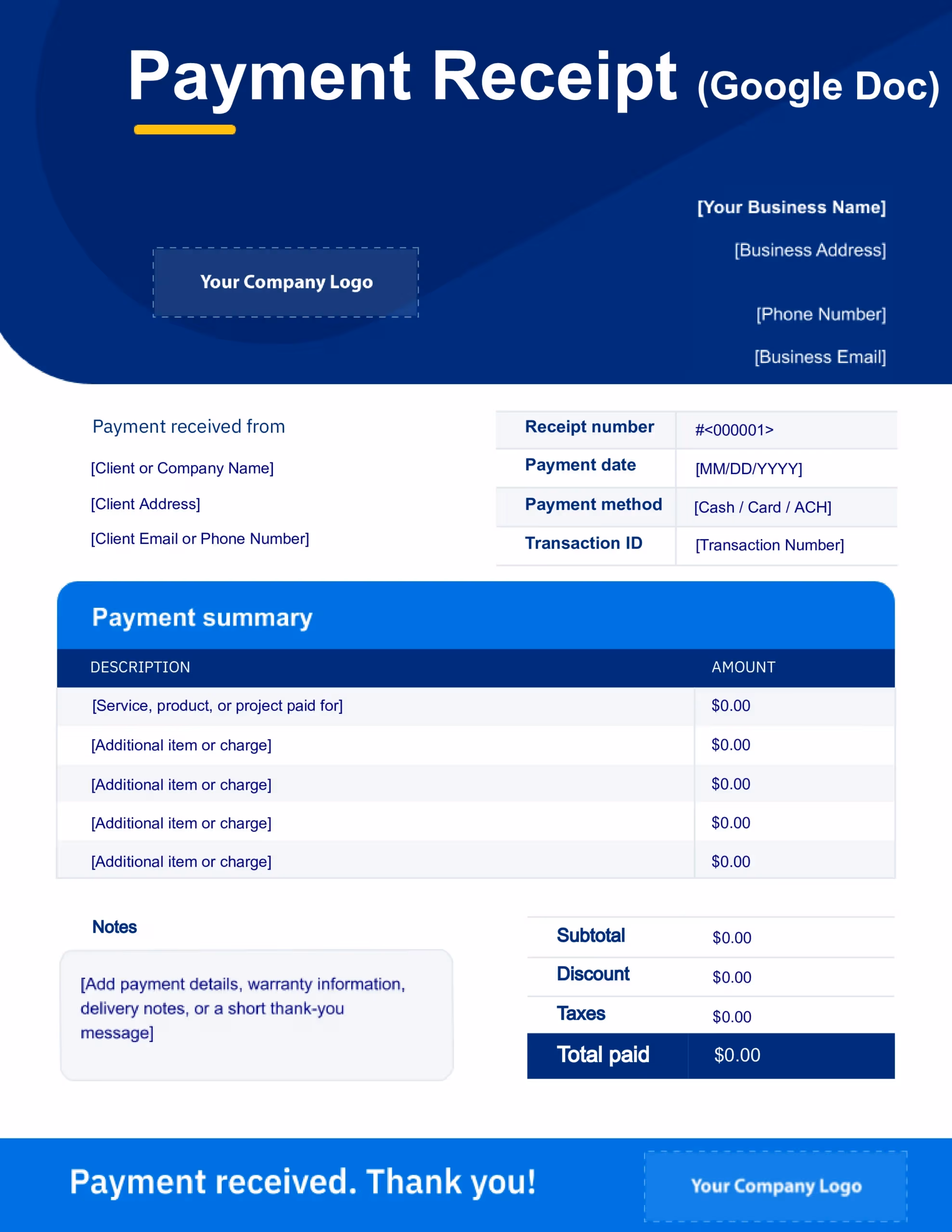Free Receipt Template (Google Doc) from FreshBooks