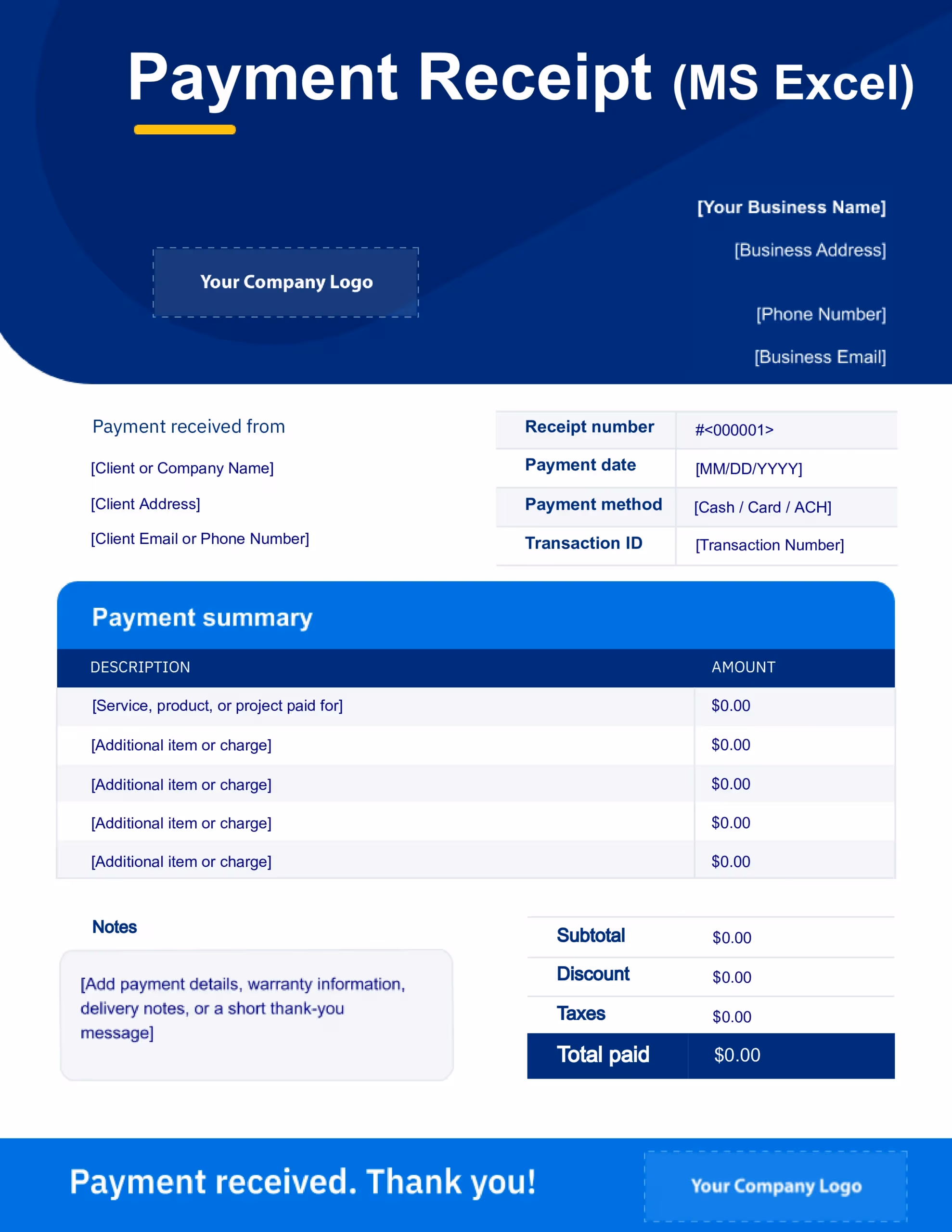 Free Receipt Template (MS Excel) from FreshBooks