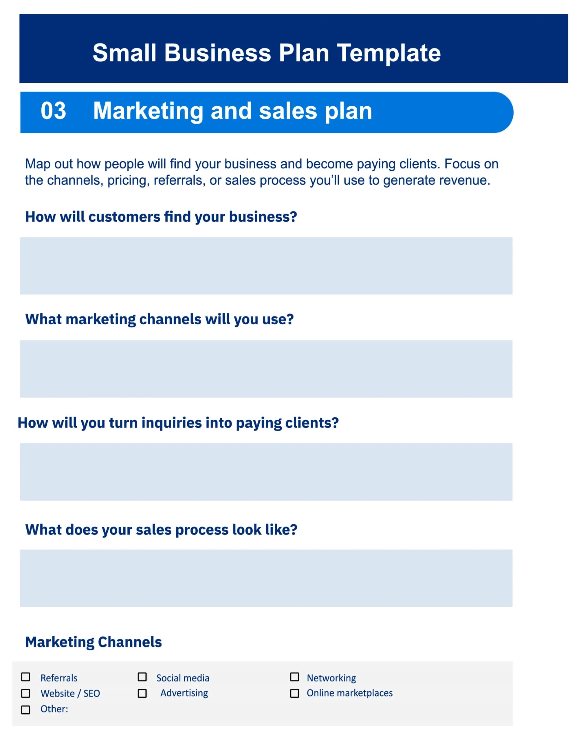 free small business plan template sample from FreshBooks  - marketing and sales plan