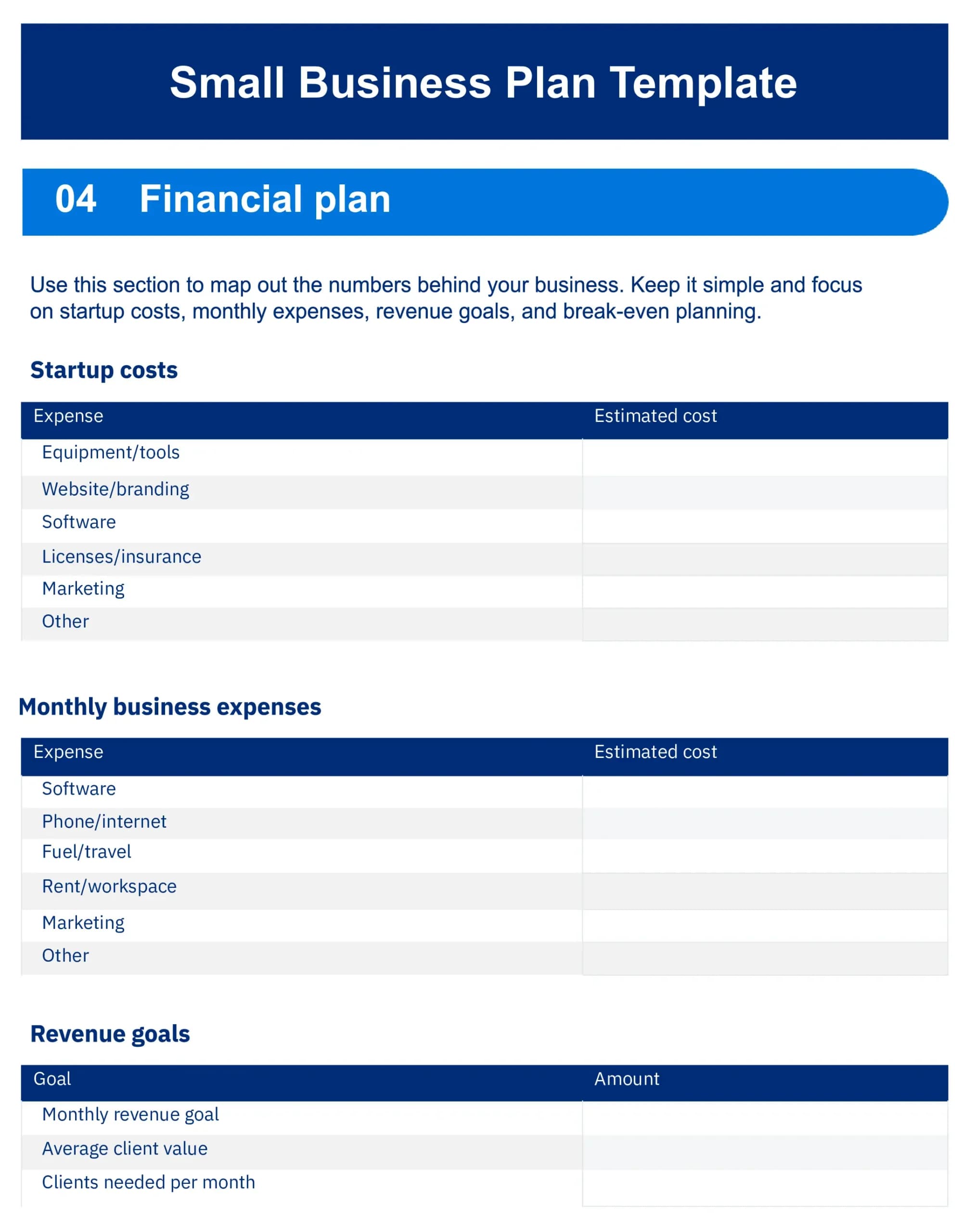 free small business template from FreshBooks - financial plan