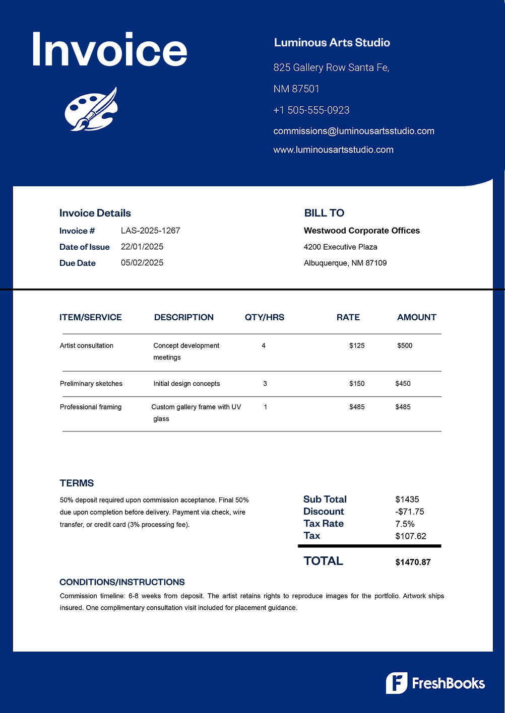 Free artist invoice template with placeholders from FreshBooks
