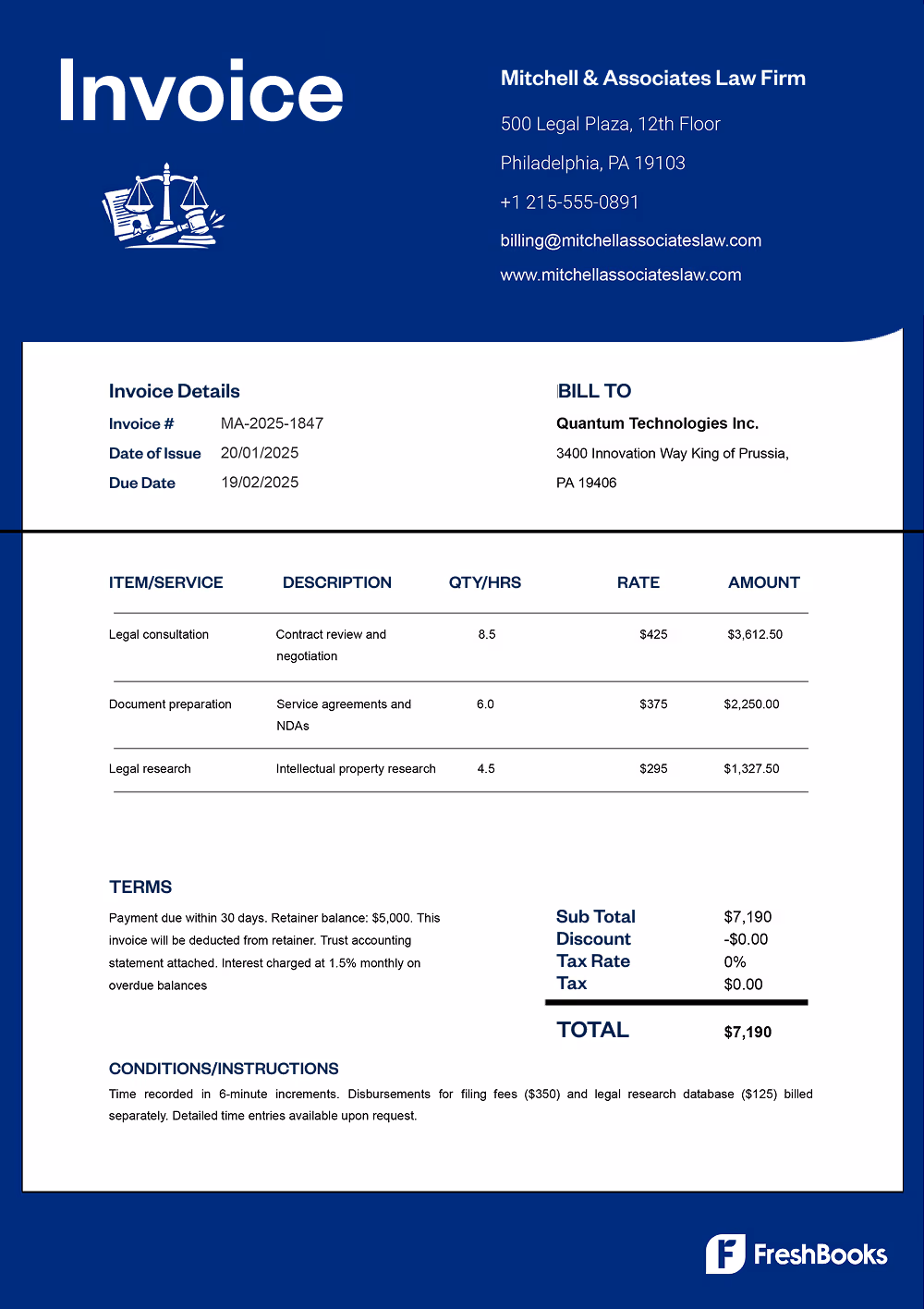 Free attorney invoice template with placeholders from FreshBooks

