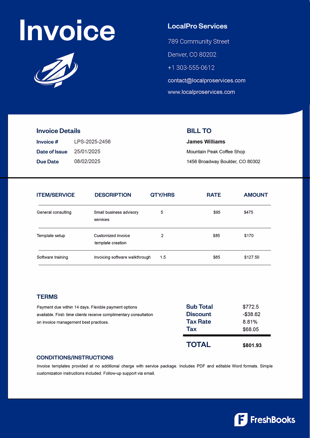 Free PDF invoice template with placeholders from FreshBooks