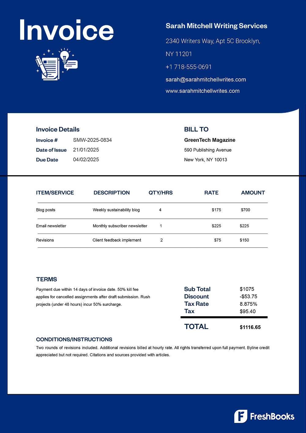 Free freelance writing invoice template with placeholders from FreshBooks