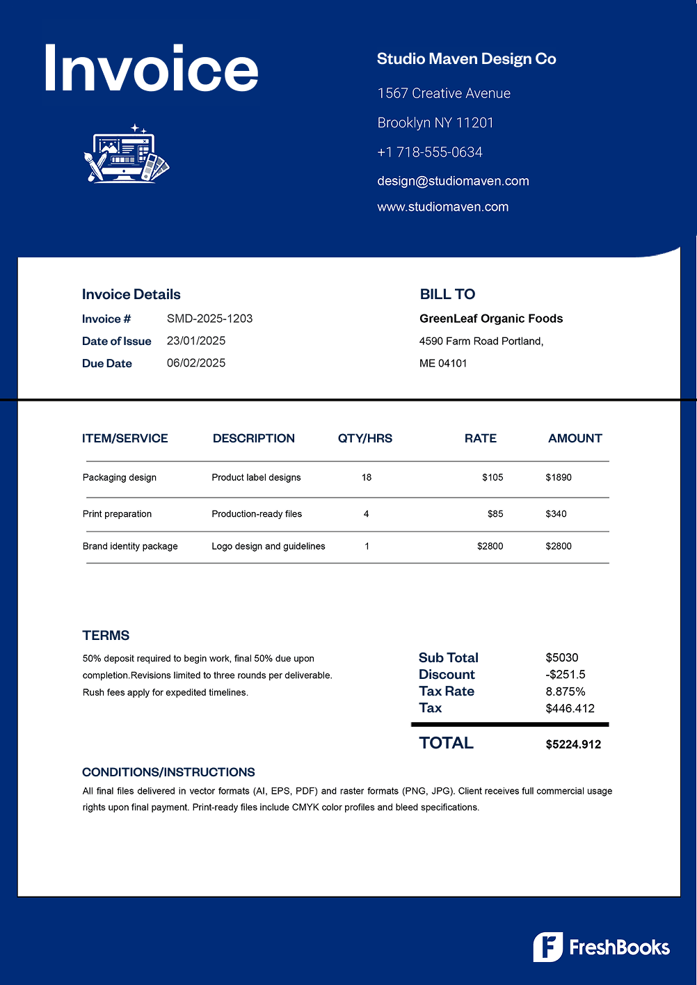 Free graphic design invoice template with placeholders from FreshBooks
