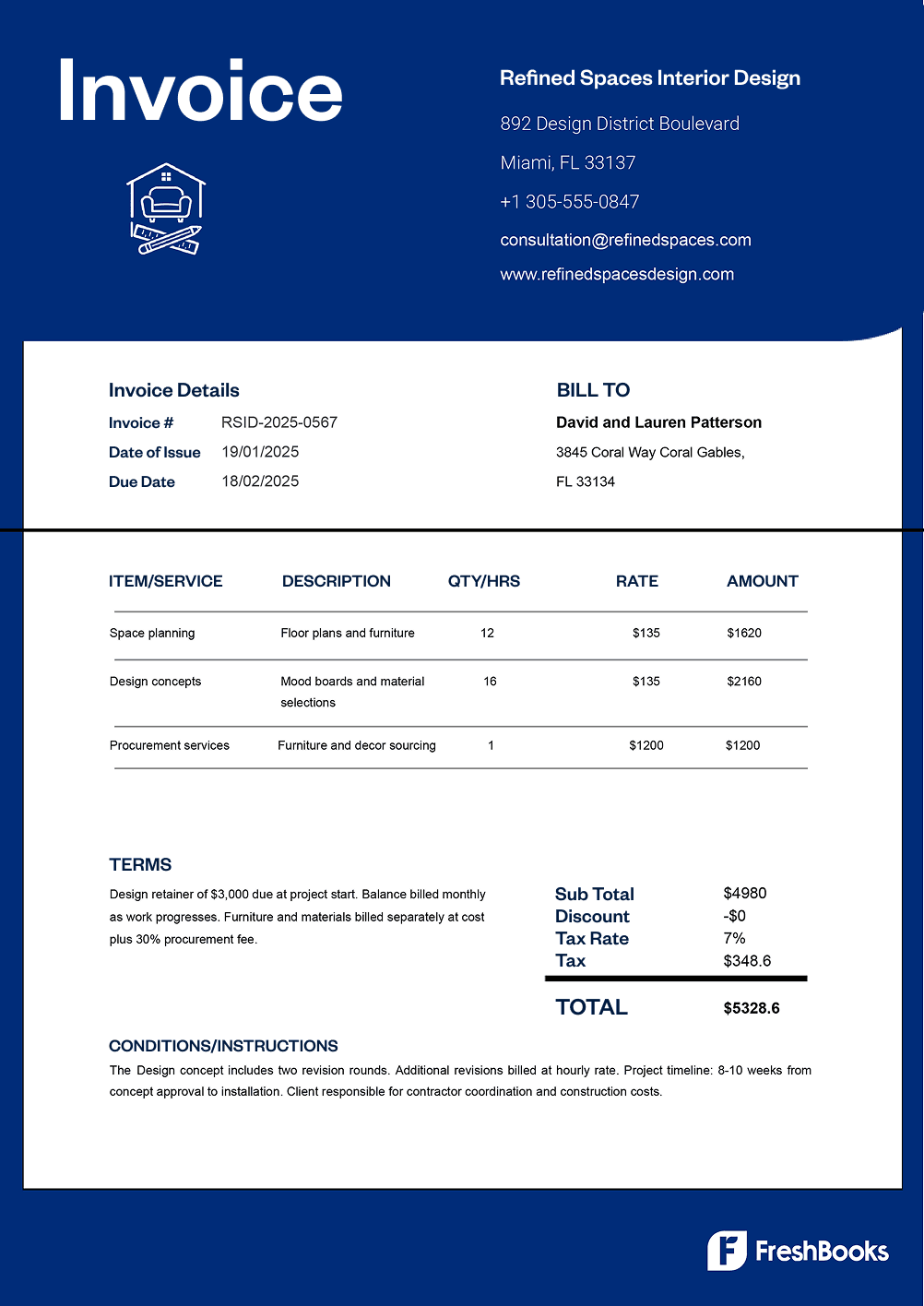 Free interior design invoice template with placeholders from FreshBooks
