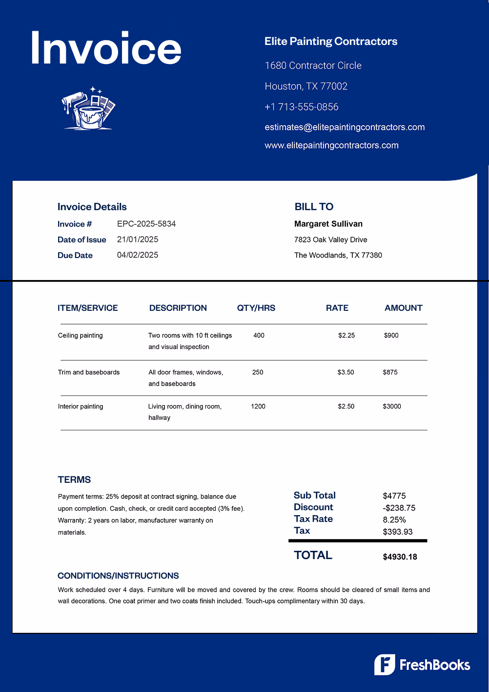Free painting invoice template with placeholders from FreshBooks
