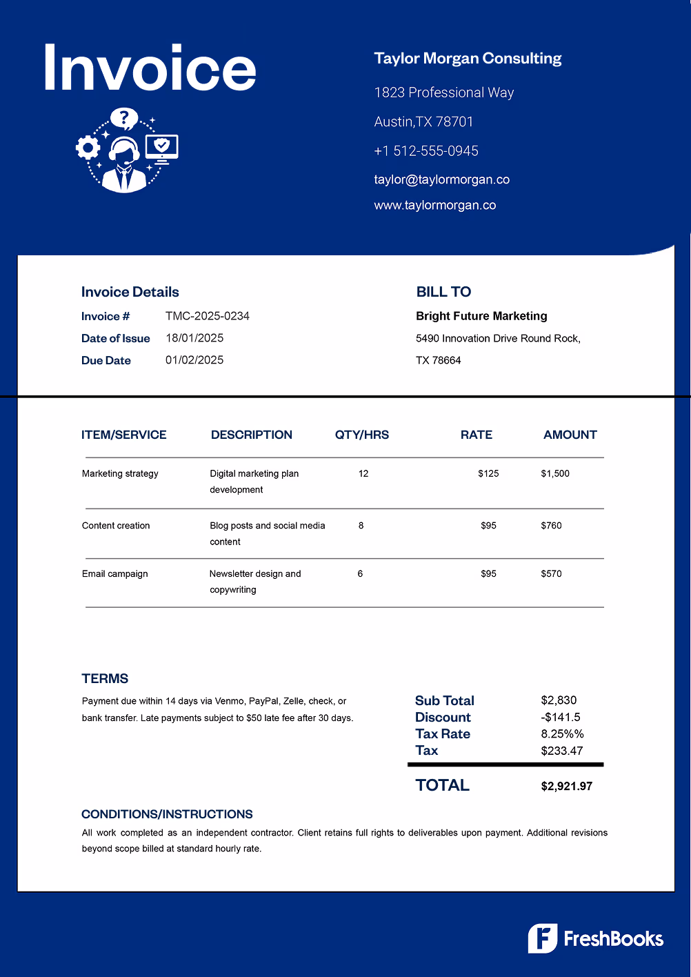 Free self employed invoice template with placeholders from FreshBooks

