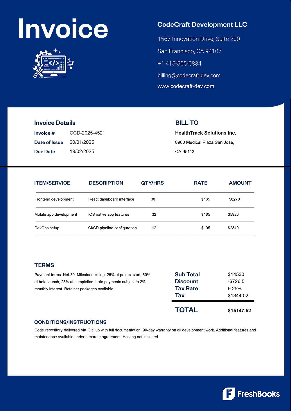 Free software development invoice template with placeholders from FreshBooks