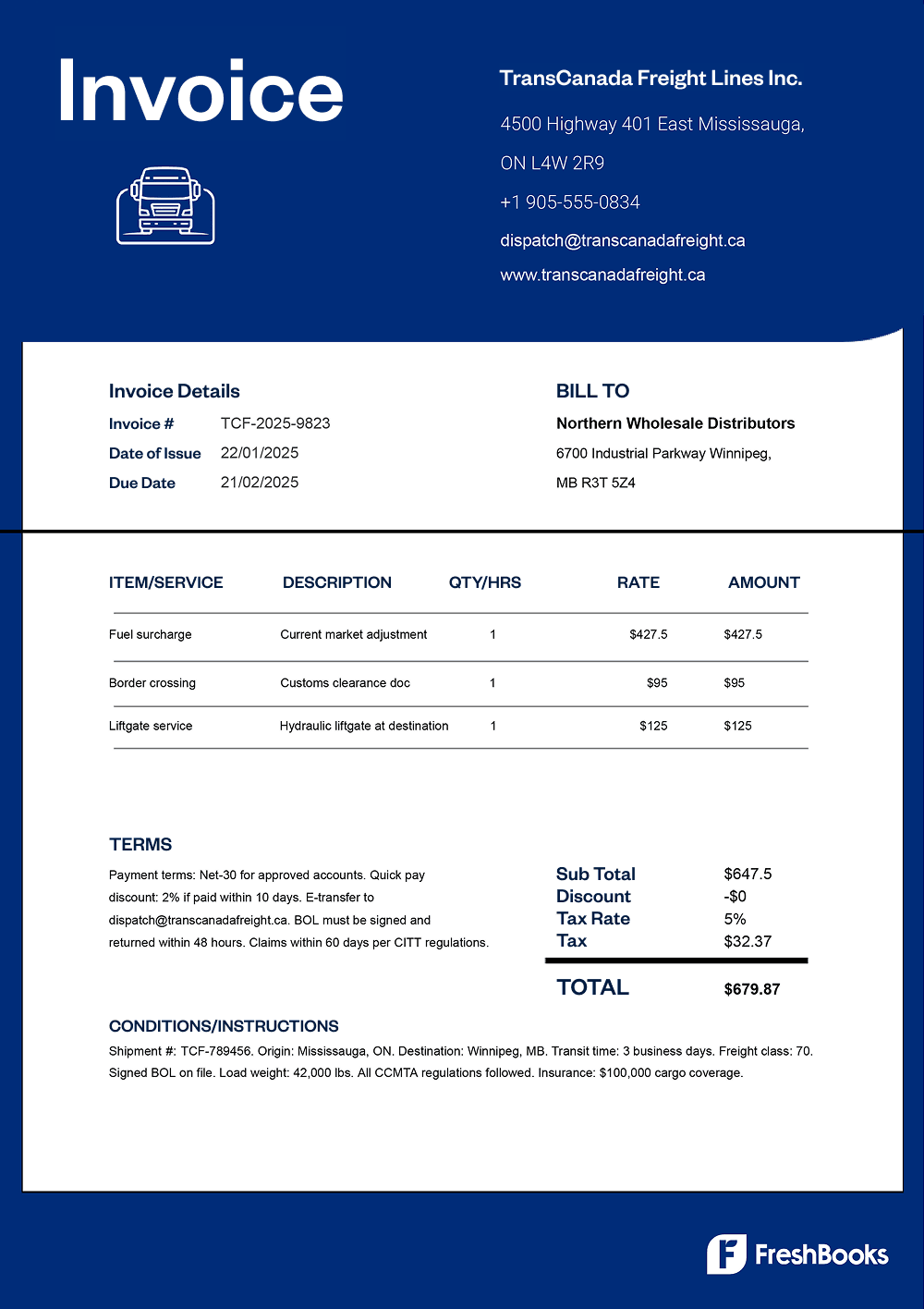 Free trucking company invoice template with placeholders from FreshBooks
