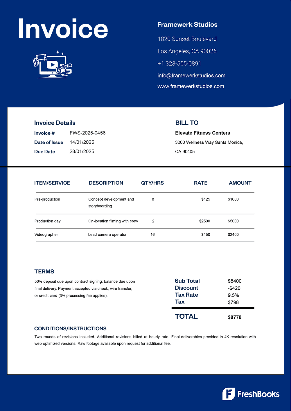 Free video production invoice template with placeholders from FreshBooks
