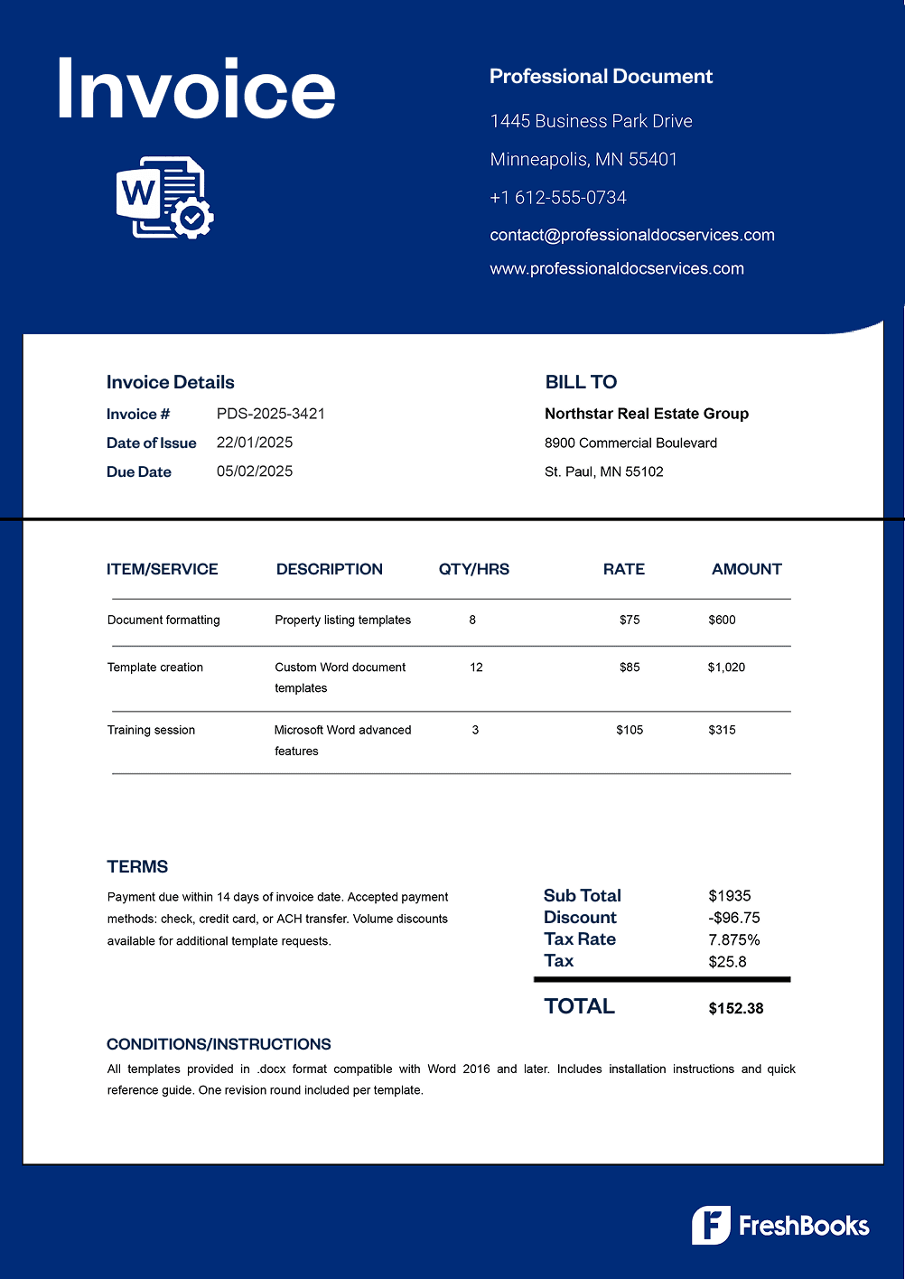 Free word invoice template with placeholders from FreshBooks
