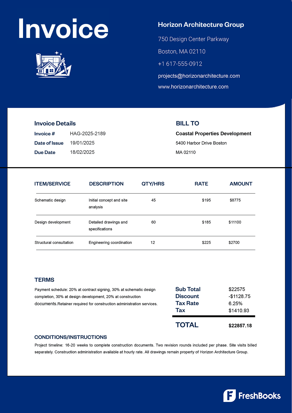 Free architecture invoice template with placeholders from FreshBooks