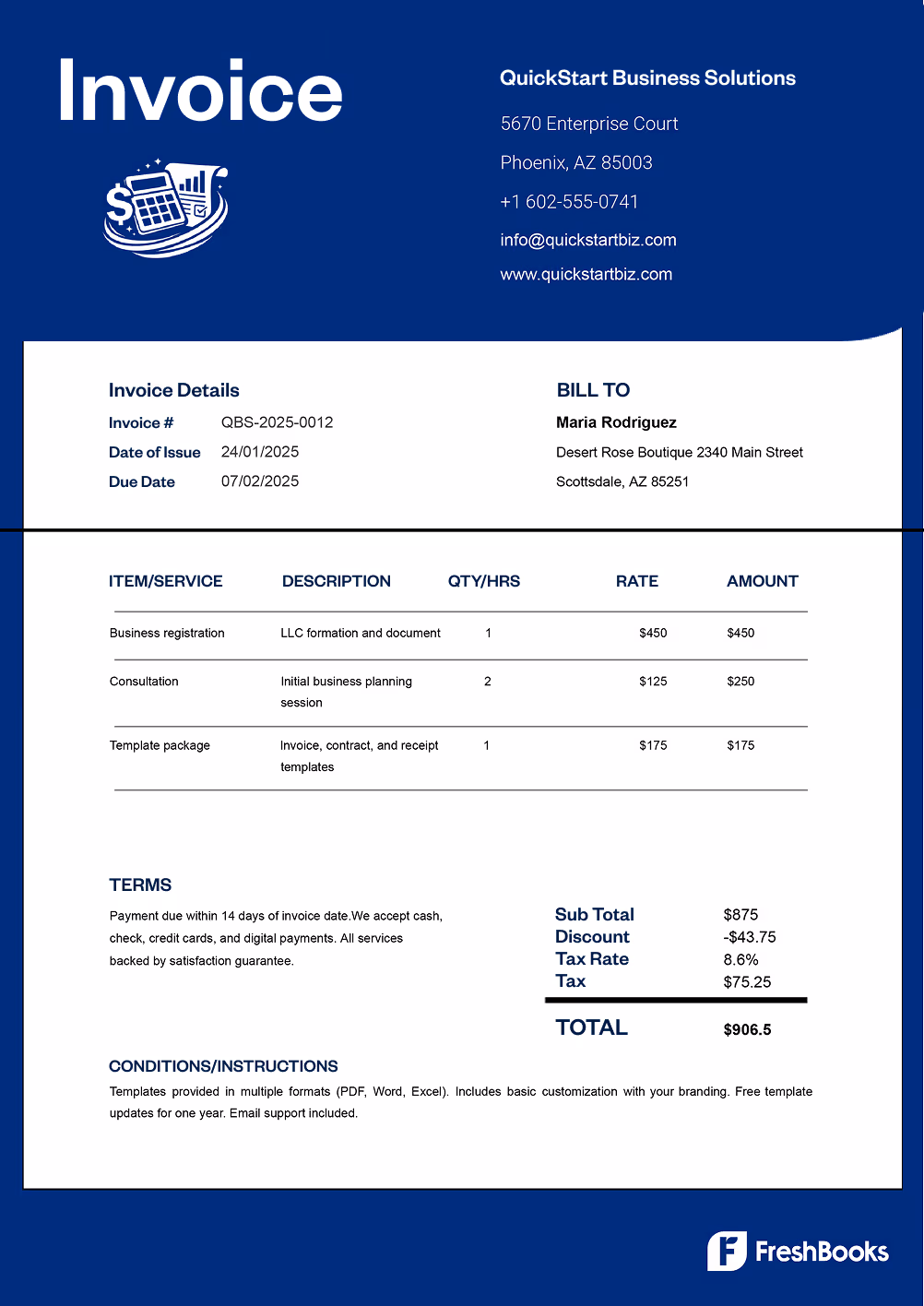 Blank editable invoice template with placeholders from FreshBooks