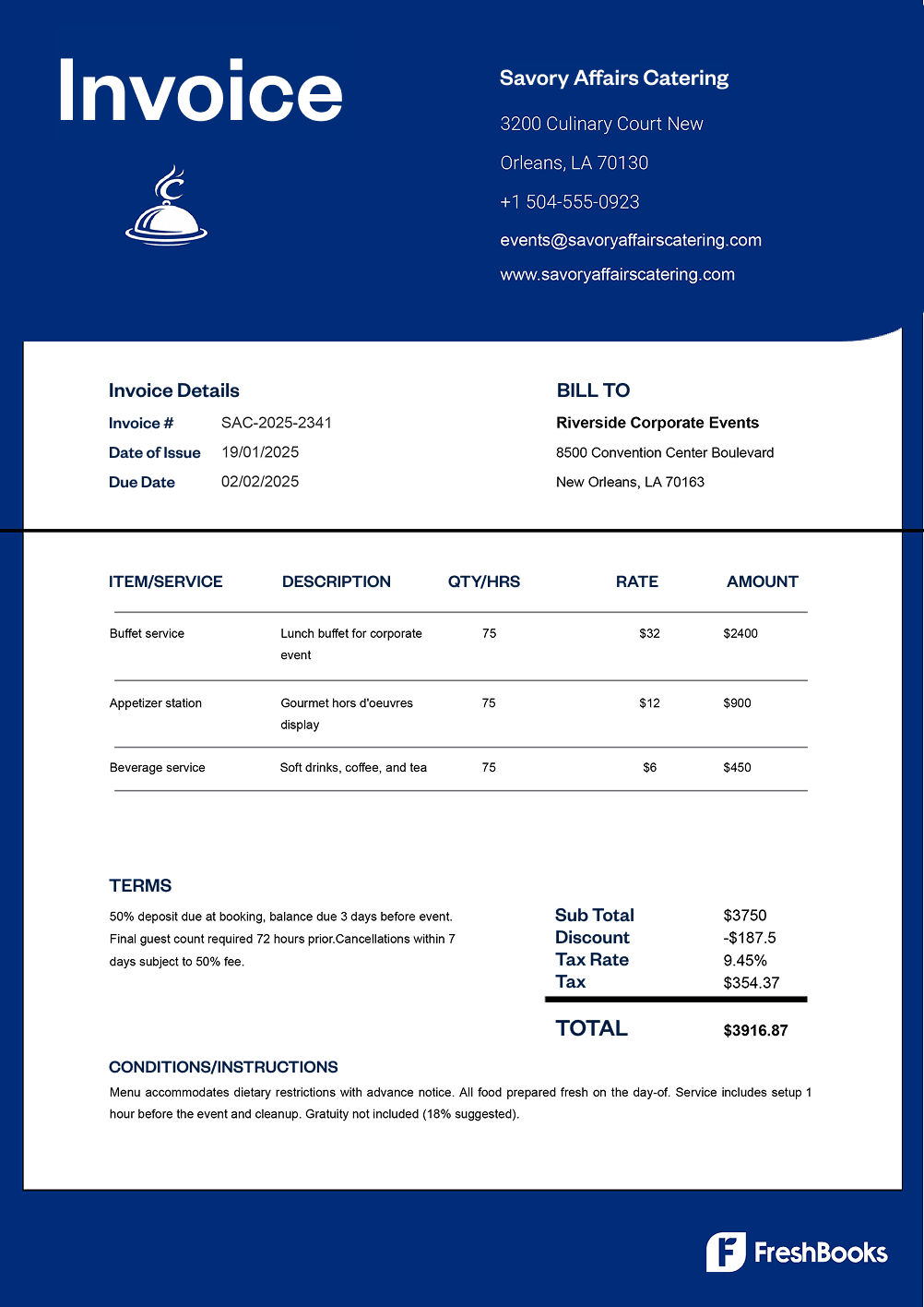 Free catering invoice template with placeholders from FreshBooks