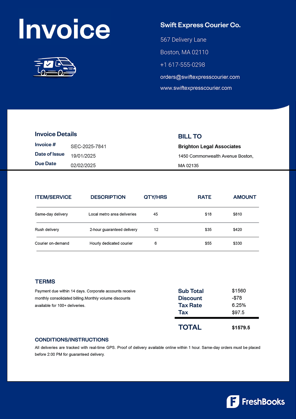 Free courier invoice template with placeholders from FreshBooks