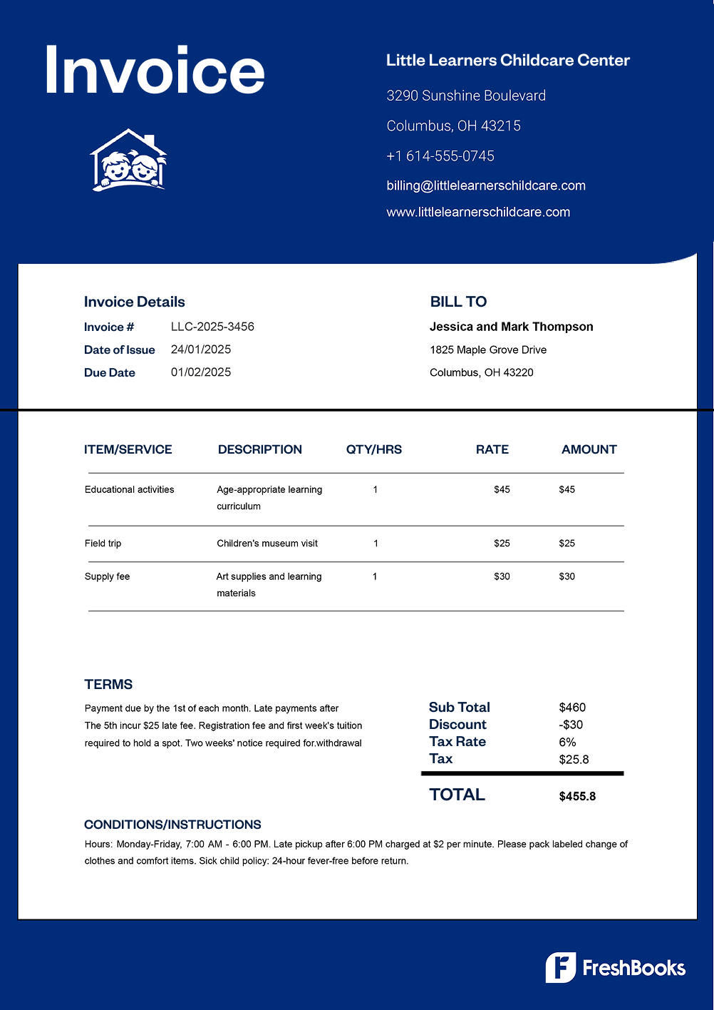Free daycare invoice template with placeholders from FreshBooks