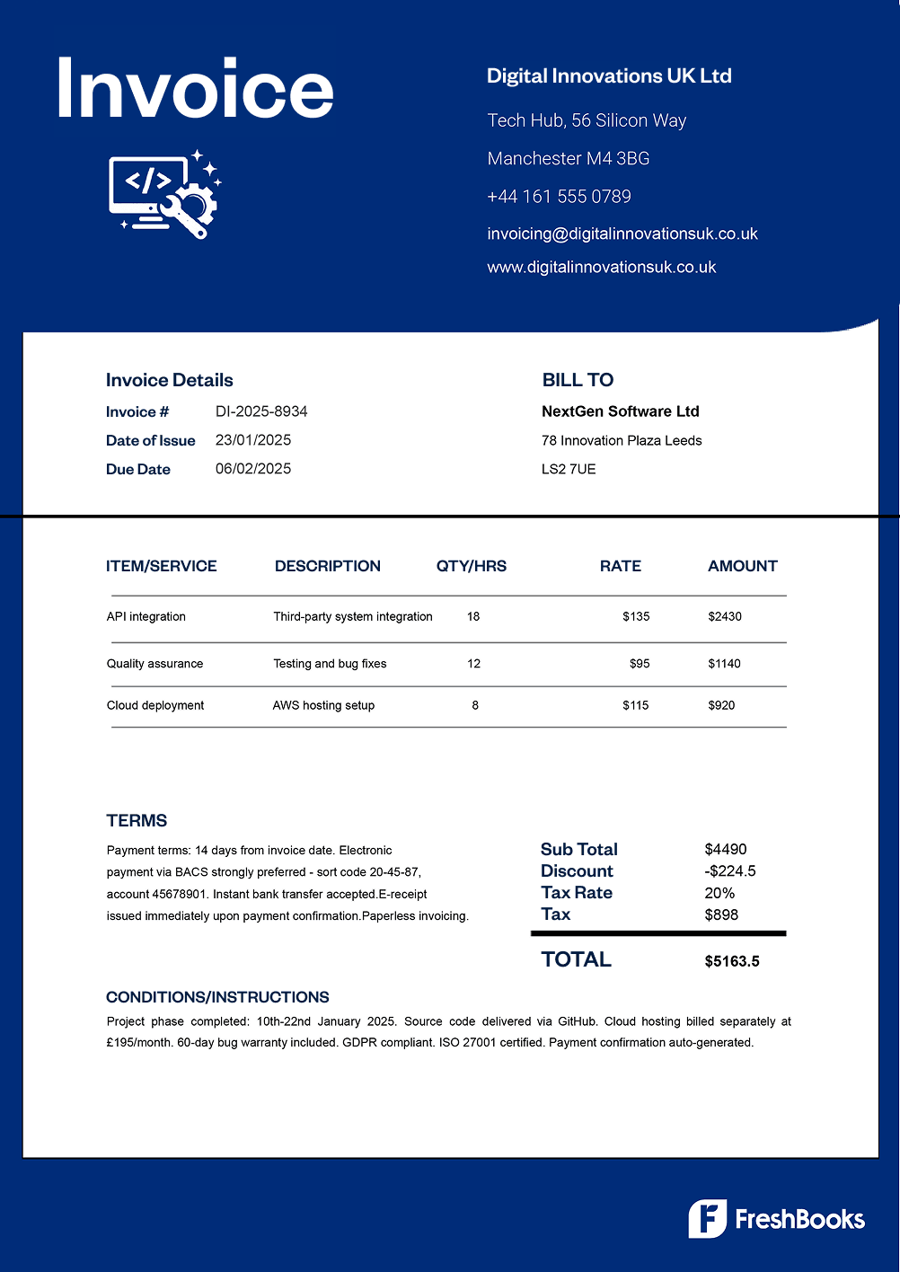 Free electronic invoice template with placeholders from FreshBooks