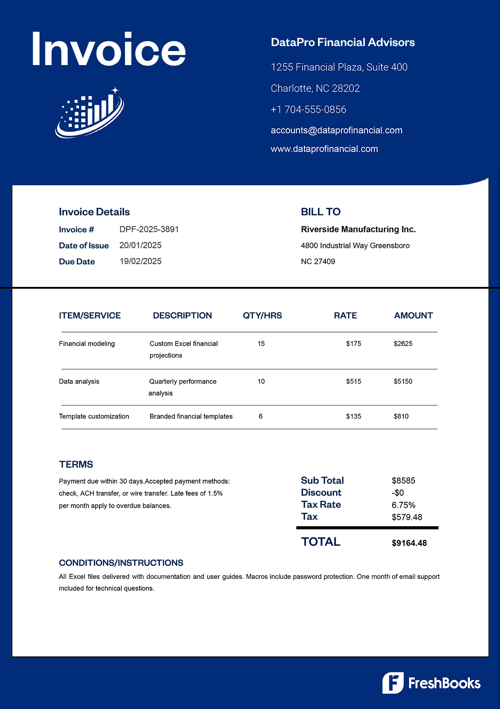Free excel invoice template with placeholders from FreshBooks