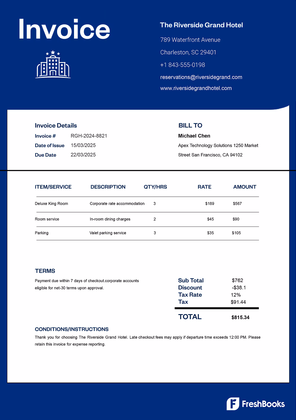 free hotel invoice template with placeholder text from FreshBooks