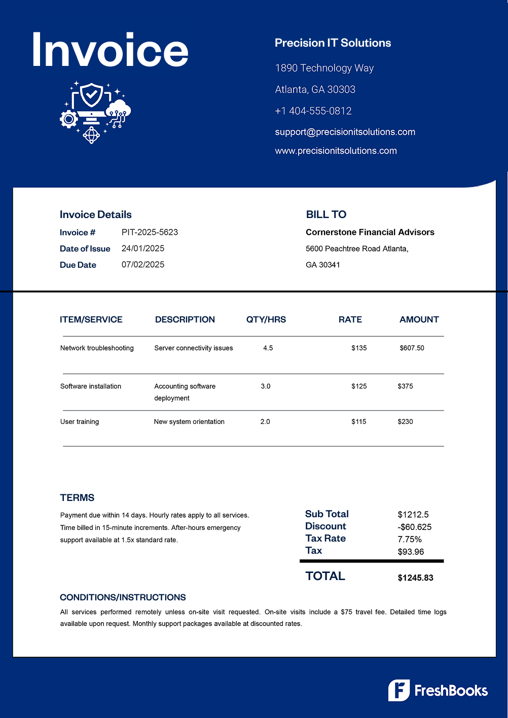 Free hourly invoice template with placeholders from FreshBooks