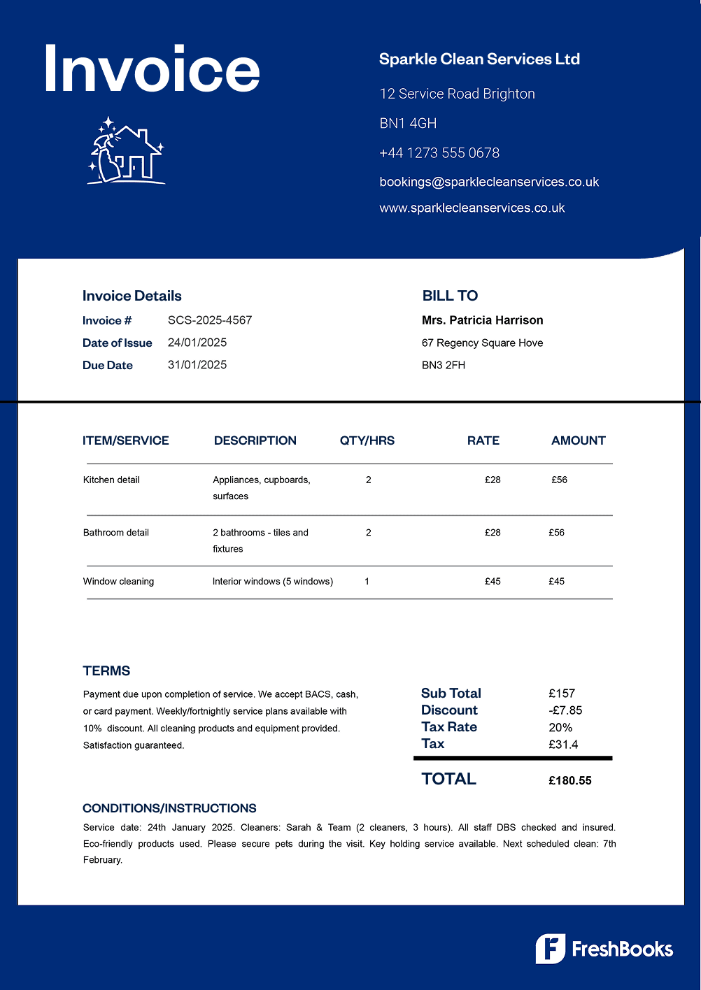 Free house cleaning invoice template with placeholders from FreshBooks