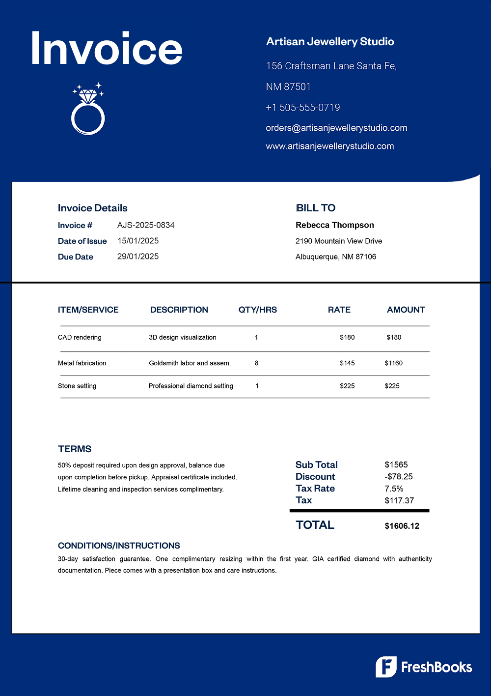 Free jewelry invoice template with placeholders from FreshBooks
