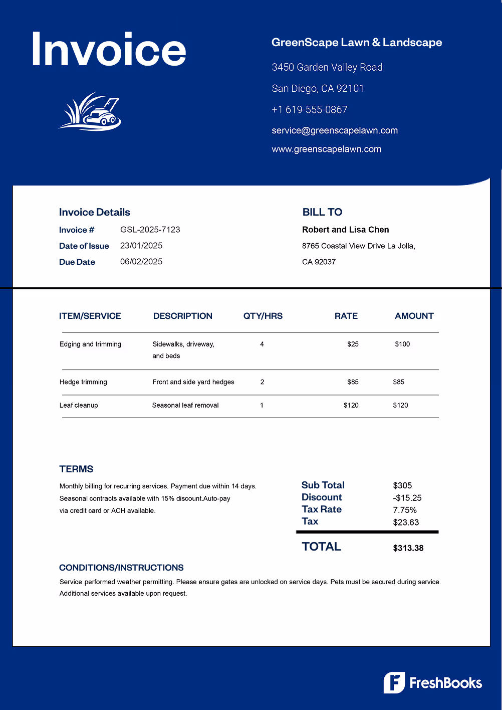 Free lawn care invoice template with placeholders from FreshBooks