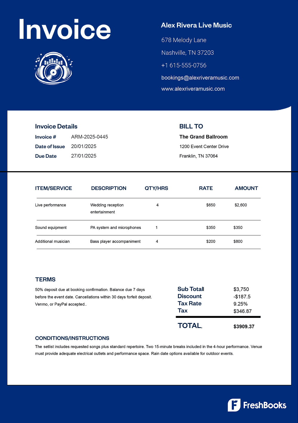 Free musician invoice template with placeholders from FreshBooks