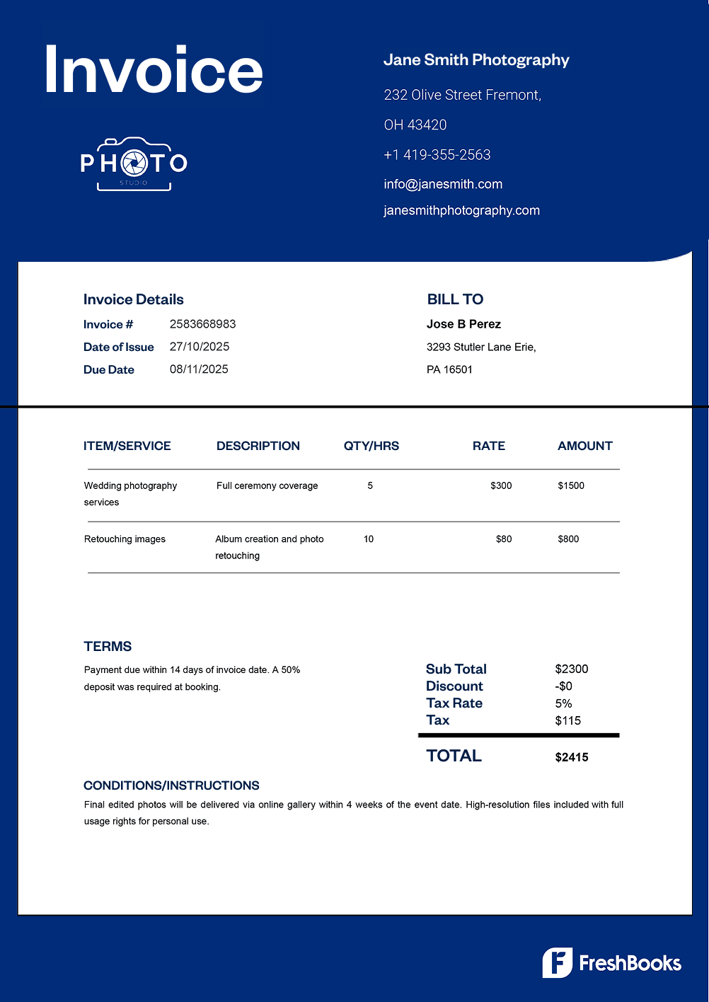 Free photography invoice template with placeholders from FreshBooks