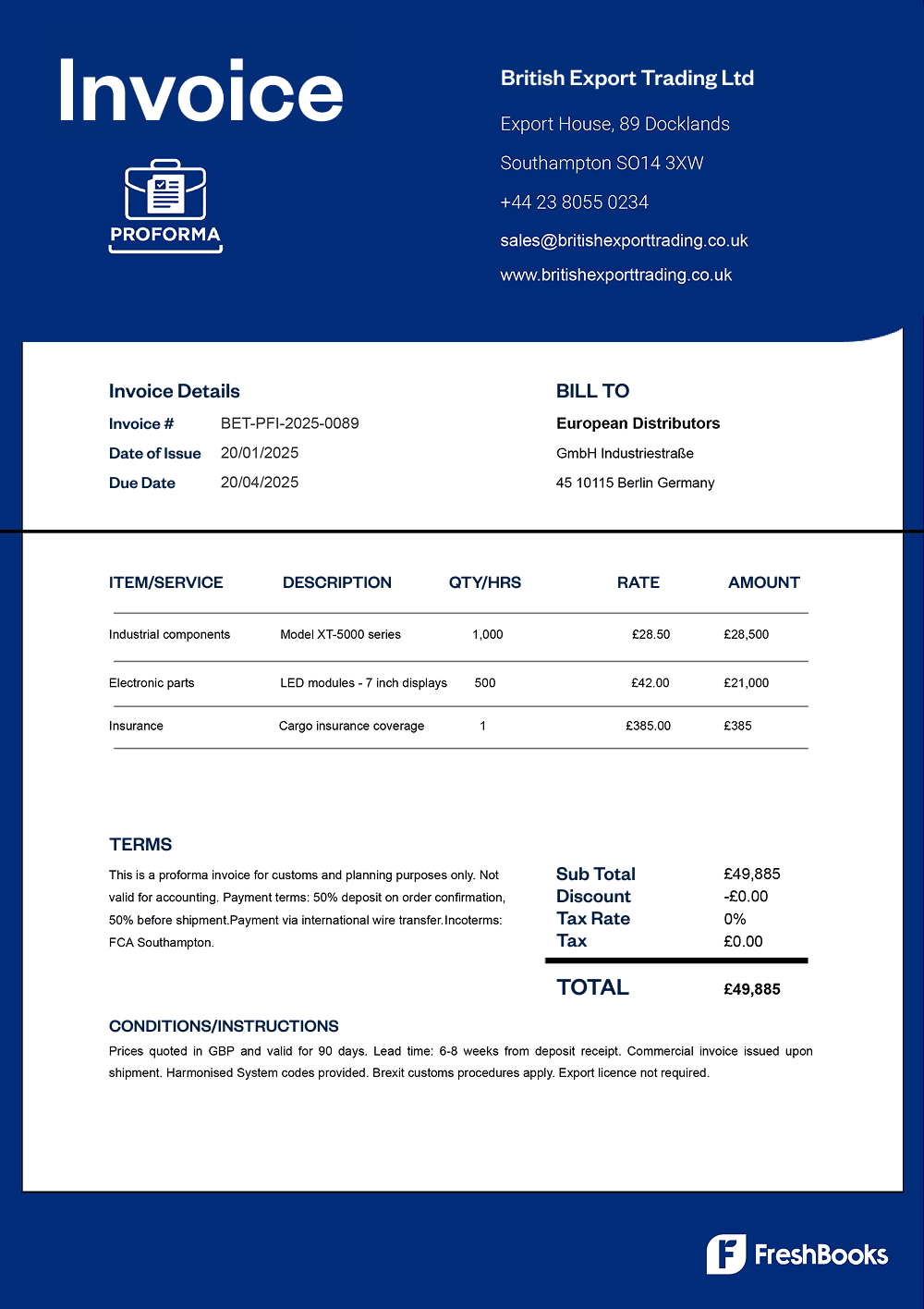 Free pro forma invoice template with placeholders from FreshBooks