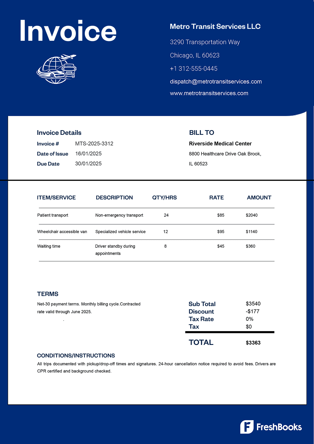 Free transportation invoice template with placeholders from FreshBooks