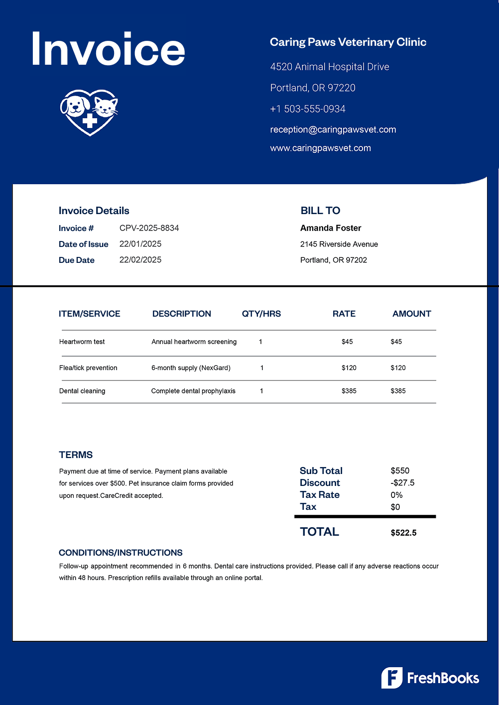 Free veterinary invoice template with placeholders from FreshBooks
