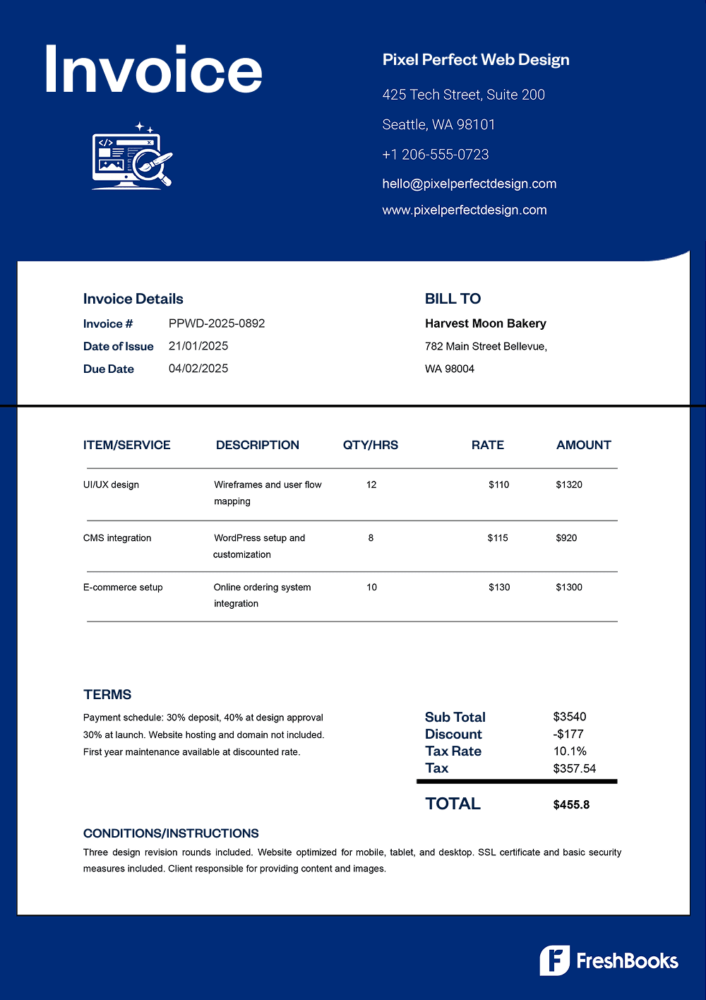 Free web design invoice template with placeholders from FreshBooks
