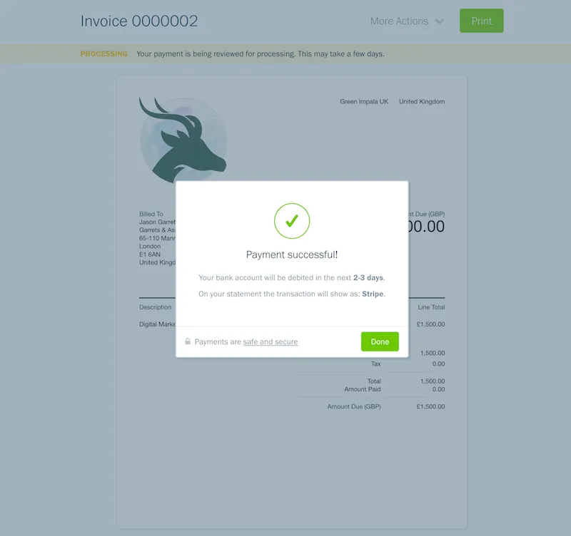 Step 4 Direct Debit Client payment successful