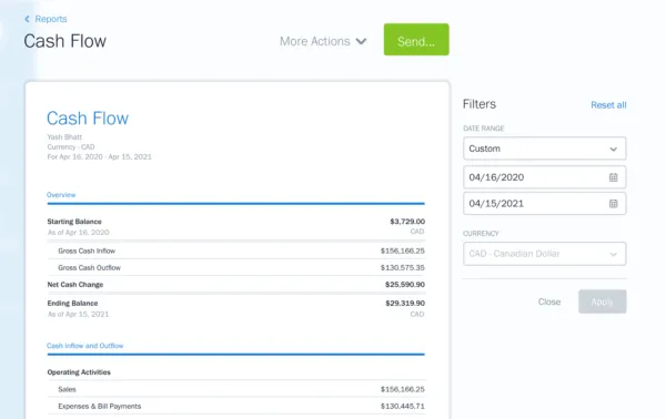 screenshot of Cash Flow Report in FreshBooks