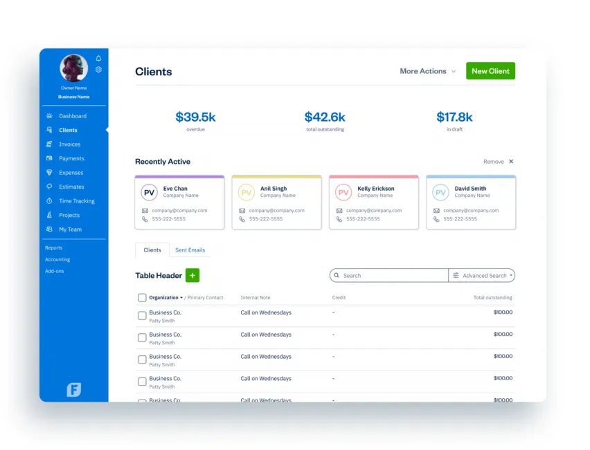 FreshBooks client management dashboard