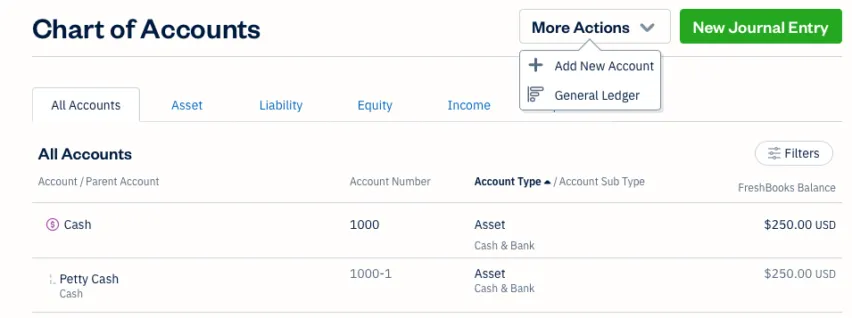 FreshBooks UI - chart of accounts - add an account