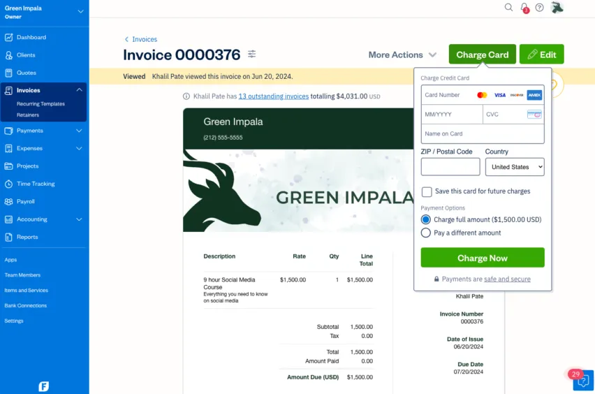 FreshBooks UI screen for Advanced Payments feature