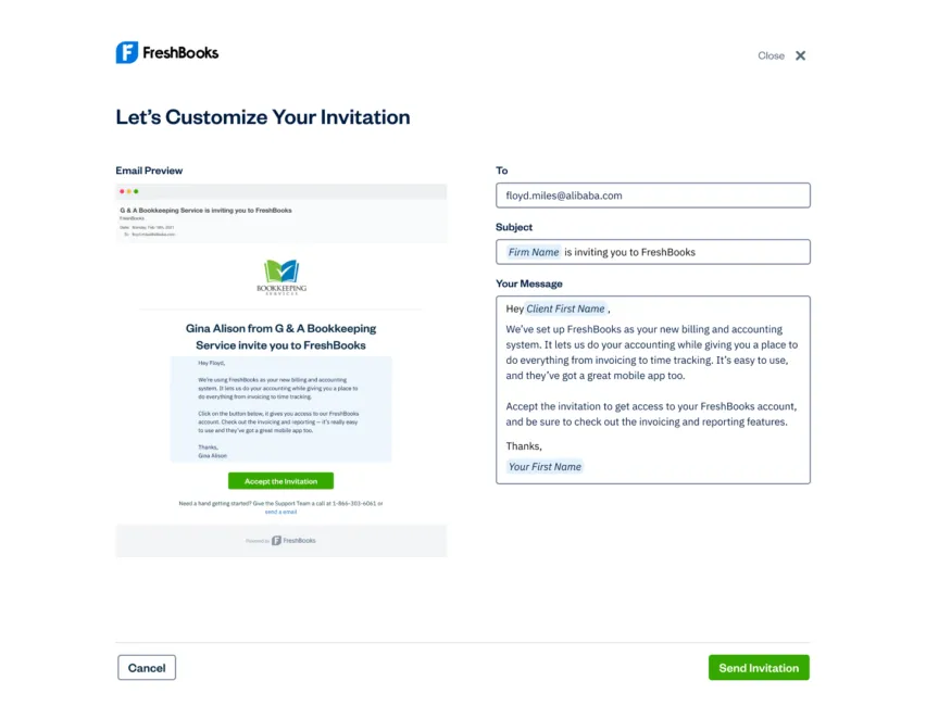 FreshBooks Accountant Hub UI - Client Invitation