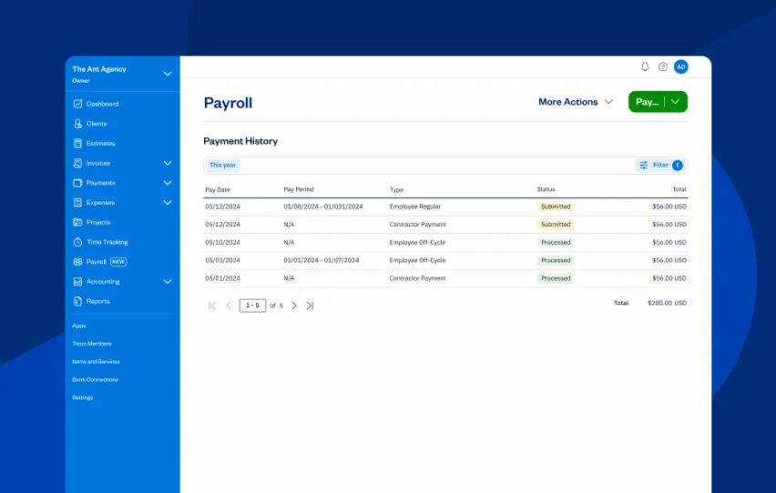 FreshBooks UI screen for payroll