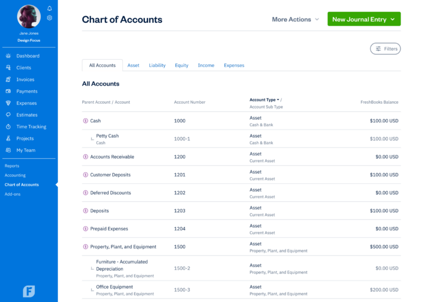 FreshBooks chart of accounts screen - all accounts
