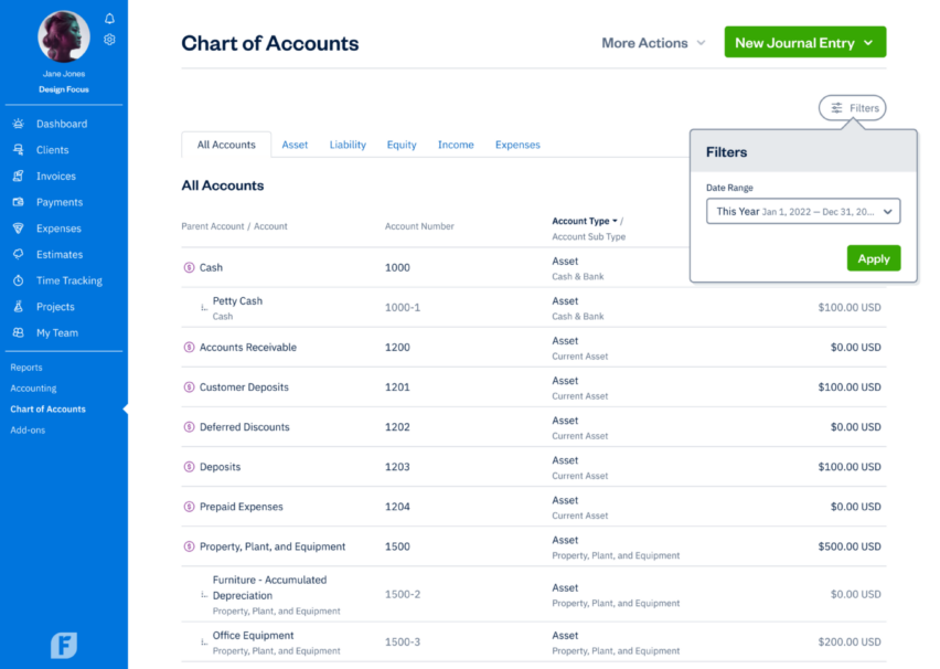 Chart of accounts in FreshBooks - screen showing filters