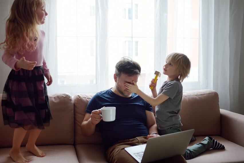 kids jumping up and down covering father's eyes bookkeeping mistakes