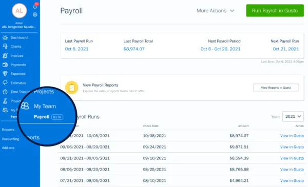 FreshBooks Payroll screen showing Gusto integration