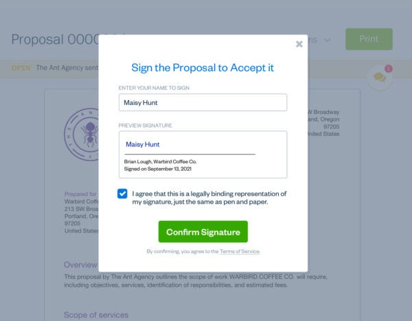 FreshBooks proposal with online signature