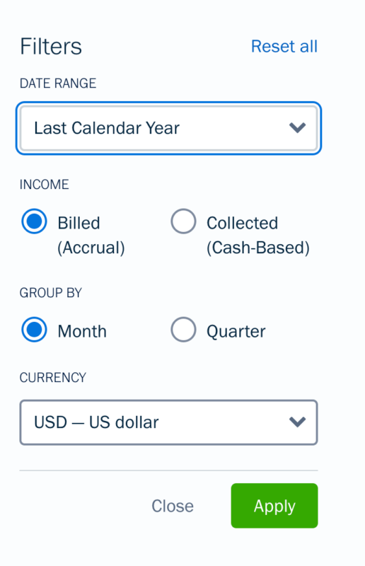 FreshBooks report filters